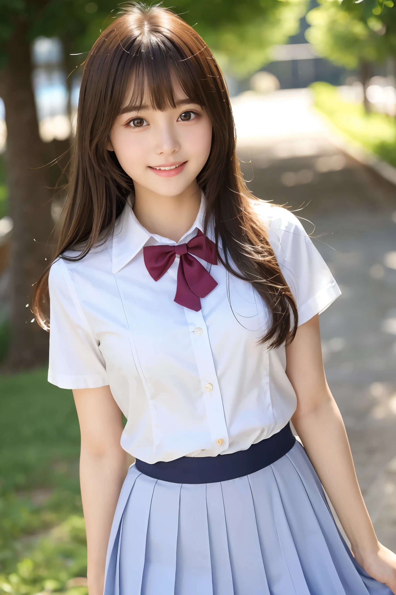 bright表情、Realistic:1.32、highest quality、超A high resolution、最も美しい日本のgirlの写真、Cute and beautiful face details、Small face、美しいbangs、、Shine, fair, Shine肌、Hair gets tangled in the face、(girl１Only people:1.3)、顔まで伸びるbangs、bangs、Hair between the eyes、Attractive brown silky hair、bright、彼女の澄んだ瞳は魅力的にShine、Cute pose、highest quality、Confused、((The cutest girl in the world))、Japanese、((Summer uniforms for students:1.3))、(High waist pleated skirt)、Newest Brands、(Side Half Up:1.3)、(Thin ribbon)、Nice and cute、An innocent smile、nice smile、Cleavage、(Big Breasts:1.3)、(Pose cutely:1.3)、Brown Hair、Narrow waist、Beautiful eyes in every detail、View your audience、Upper Body、Face close-up、Front view、