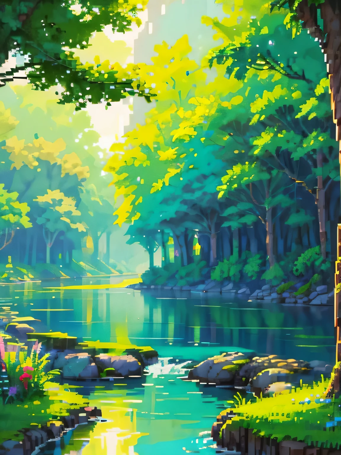 (pixel art, pixelart) vibrant colors, river, calm river, lush greenery, trees, warm lighting, atmospheric, serene, tranquil