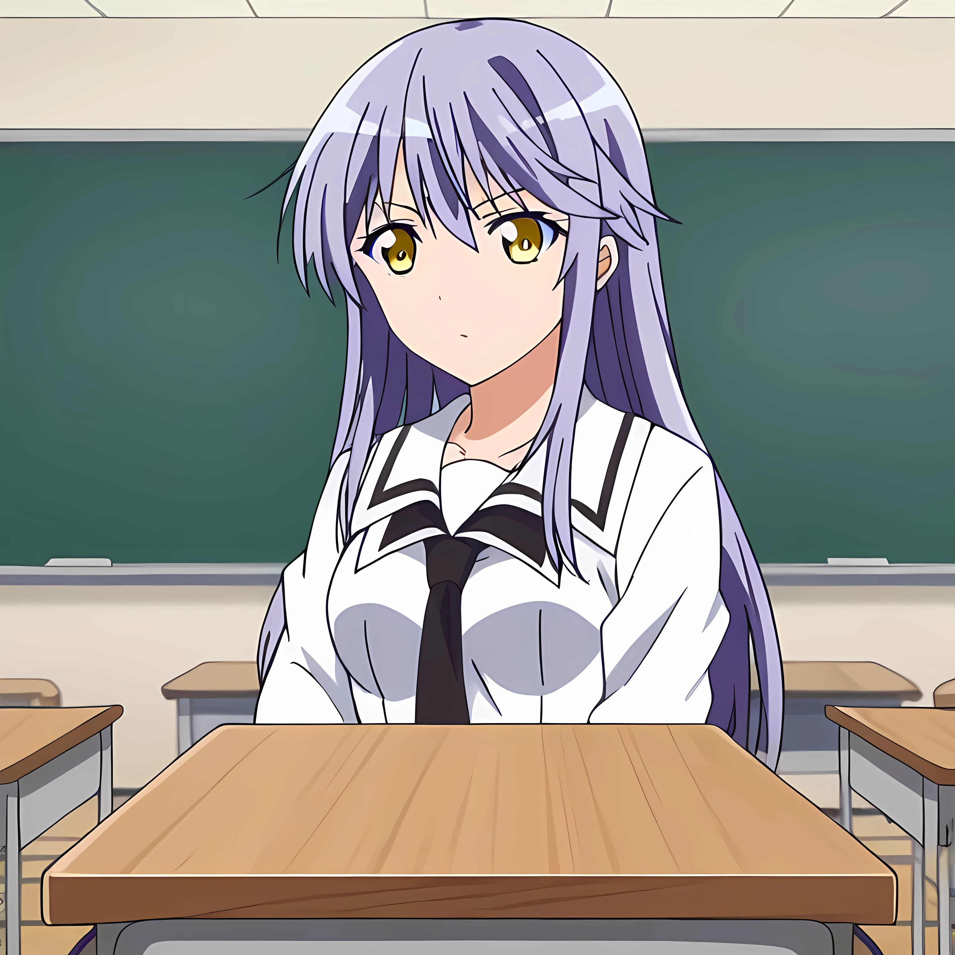  source_anime, long hair, yellow eyes, purple hair,
indoors, classroom,
solo icon 