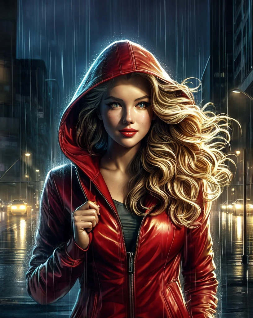 A picture of a modern brave and smart beautiful golden haired busty woman [Marilyn Monroe:Mause Adams:0.5] wears red jacket with hood walks in torrential rain confidently at the city sidewalk, bustling city with traffic jam when raining, with positive smirk, radiating her beauty in smart style, ultra sharp and crisp picture, a photo realistic illustration in Don Lawrence style, Studio Ghibli aesthetic, octane render