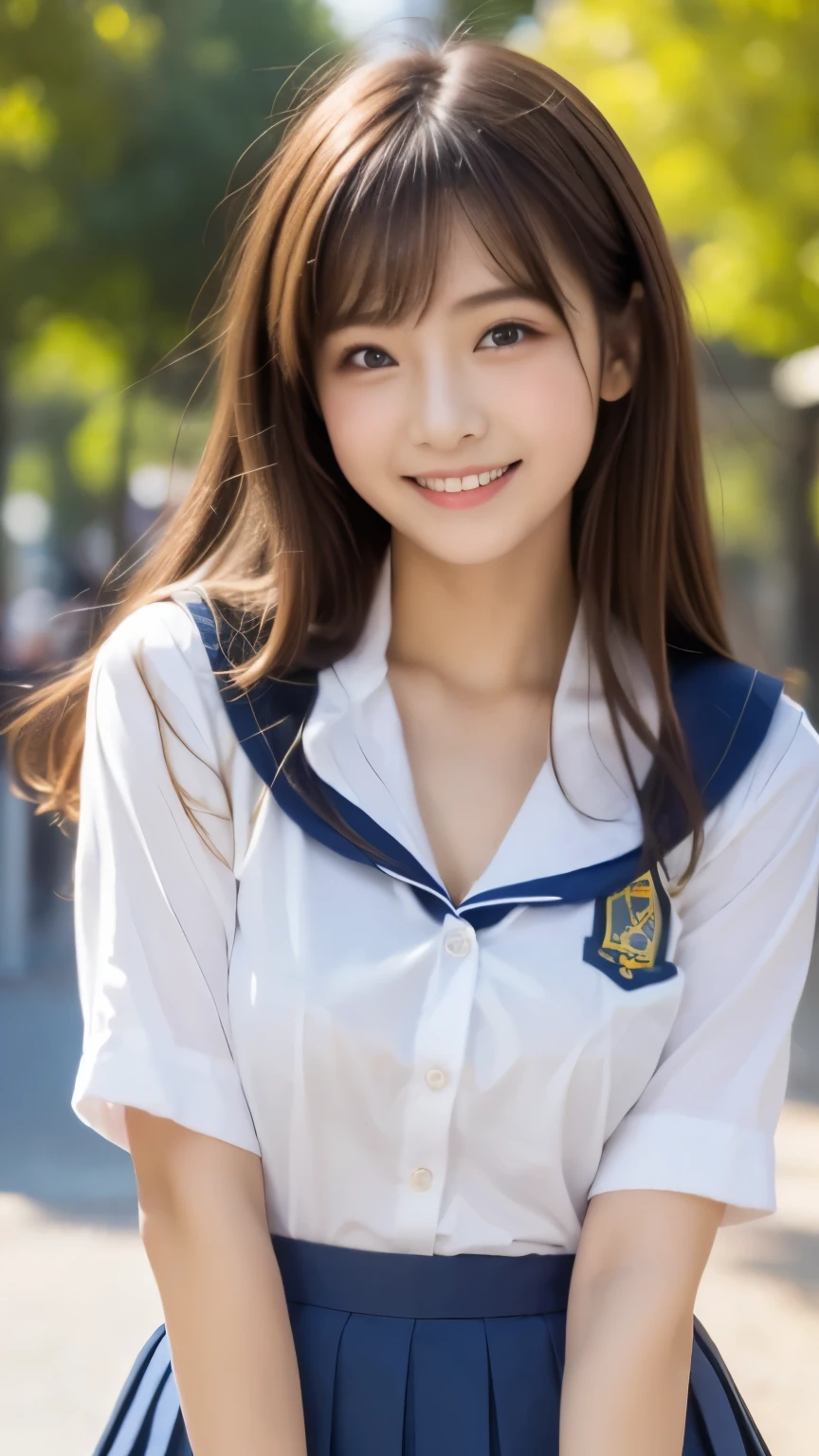 bright表情、Photorealistic:1.32、highest quality、超A high resolution、最も美しい日本のgirlの写真、Cute and beautiful face details、Small Face、美しいbangs、、Radiant, fair, glowing skin、Hair gets tangled in the face、(girl1Only people:1.3)、顔まで伸びるbangs、bangs、Hair between the eyes、Attractive brown silky hair、bright、Her clear eyes shine charmingly、Cute pose、highest quality、Disorganized、((The cutest girl in the world))、Japanese、((School uniform summer clothes:1.3))、(High waist pleated skirt)、Newest Brands、(Half Side Up:1.3)、(Thin ribbon)、Nice and cute、An innocent smile、nice smile、Cleavage、(Large Breasts:1.3)、(Posing cutely:1.3)、Brown Hair、Small waist、Detailed beautiful eyes、View your viewers、Upper Body、Close-up of face、Front view、