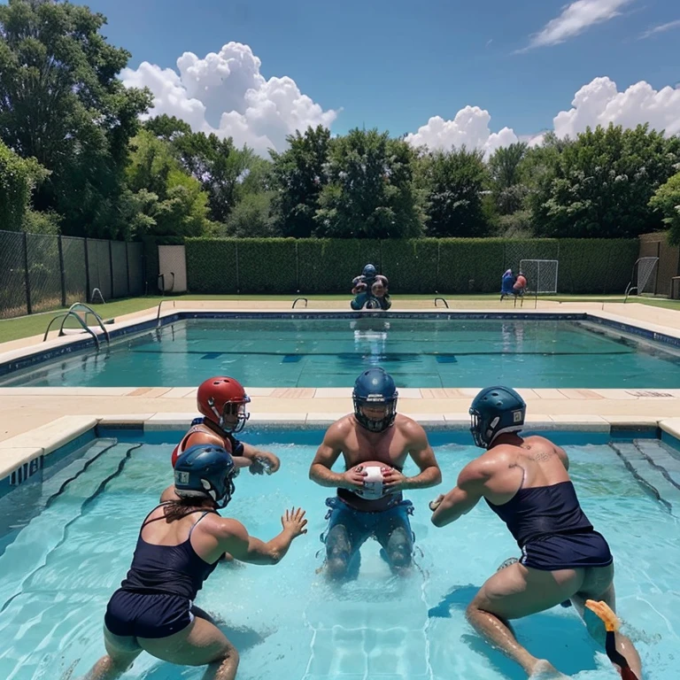 Haz una imagen de 2 equipos de 4 jugadores, playing American football in a pool intensely but at the same time making it look like a safe and fun sport