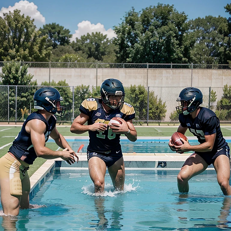 Haz una imagen de 2 equipos de 4 jugadores, playing American football in a pool intensely but at the same time making it look like a safe and fun sport
