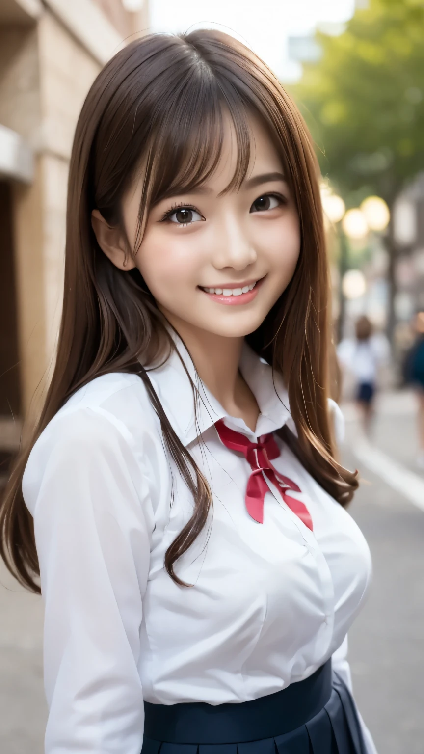 bright表情、Photorealistic:1.32、highest quality、超A high resolution、最も美しい日本のgirlの写真、Cute and beautiful face details、Small Face、美しいbangs、************、Radiant, fair, glowing skin、Hair gets tangled in the face、(girl１Only people:1.3)、顔まで伸びるbangs、bangs、Hair between the eyes、Attractive brown silky hair、bright、Her clear eyes shine charmingly、Cute pose、highest quality、Disorganized、((The cutest girl in the world))、Japanese、((School uniform summer clothes:1.3))、(High waist pleated skirt)、Newest Brands、(Half Side Up:1.3)、(Thin ribbon)、Nice and cute、An innocent smile、nice smile、Cleavage、(Large Breasts:1.3)、(Posing cutely:1.3)、Brown Hair、Small waist、Detailed beautiful eyes、View your viewers、Upper Body、Close-up of face、Front view、