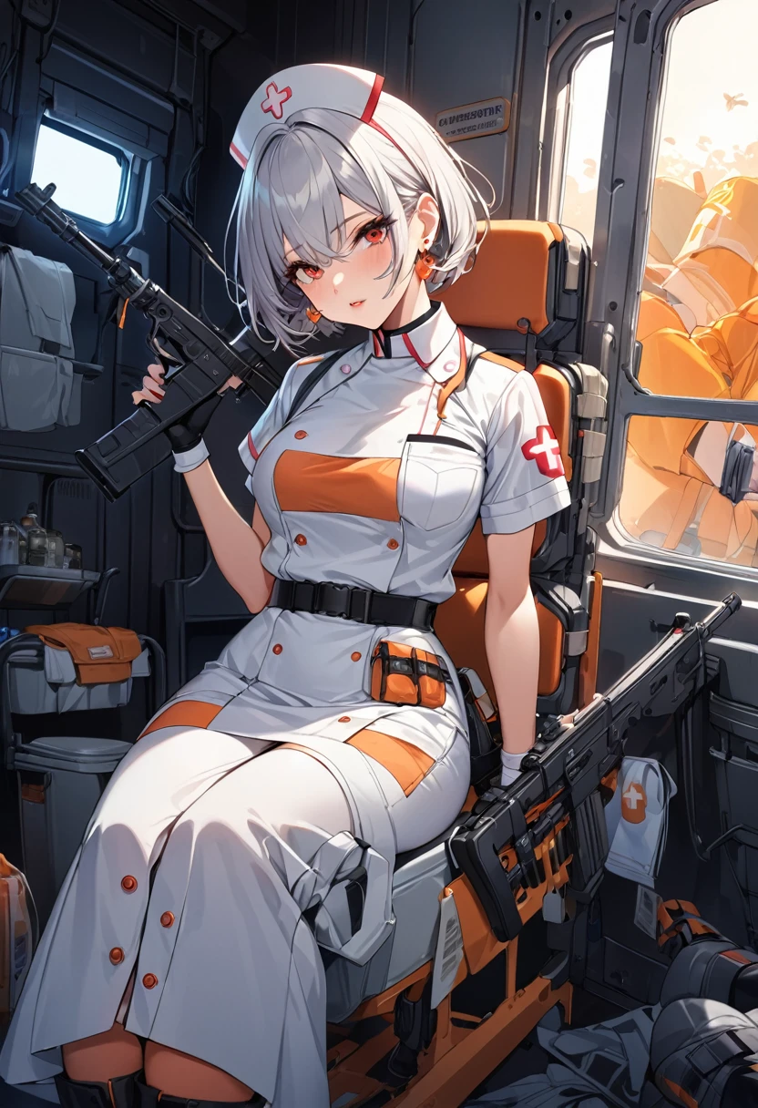 masterpiece、highest quality、Ultra-high resolution、Maximum resolution、Very detailed、Professional Lighting、anime、Adult female、thin、so beautiful、、Nurse uniform、Has a submachine gun、Red Eye、Silver Hair、Short Hair、Earrings、Fingerless Gloves、Beautiful eyes、Gloss Lip、Tactical Boots、Equipped with transparent orange shooting glasses、Equipped with a chest rig、Caring for the injured、Sanitary Corps