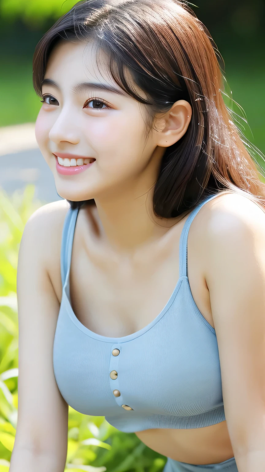 masterpiece High resolution Female student Delicate face Thick eyebrows Deep-set eyelids very cute natural atmosphere A clear smile Shiny and moisturized skin Fresh breeze boyish 15 years old Shortcuts Dimples Mole Tanuki face Tank top Plump Put your ear to the ground Listen to the sounds Thick legs mysterious Fairy-like