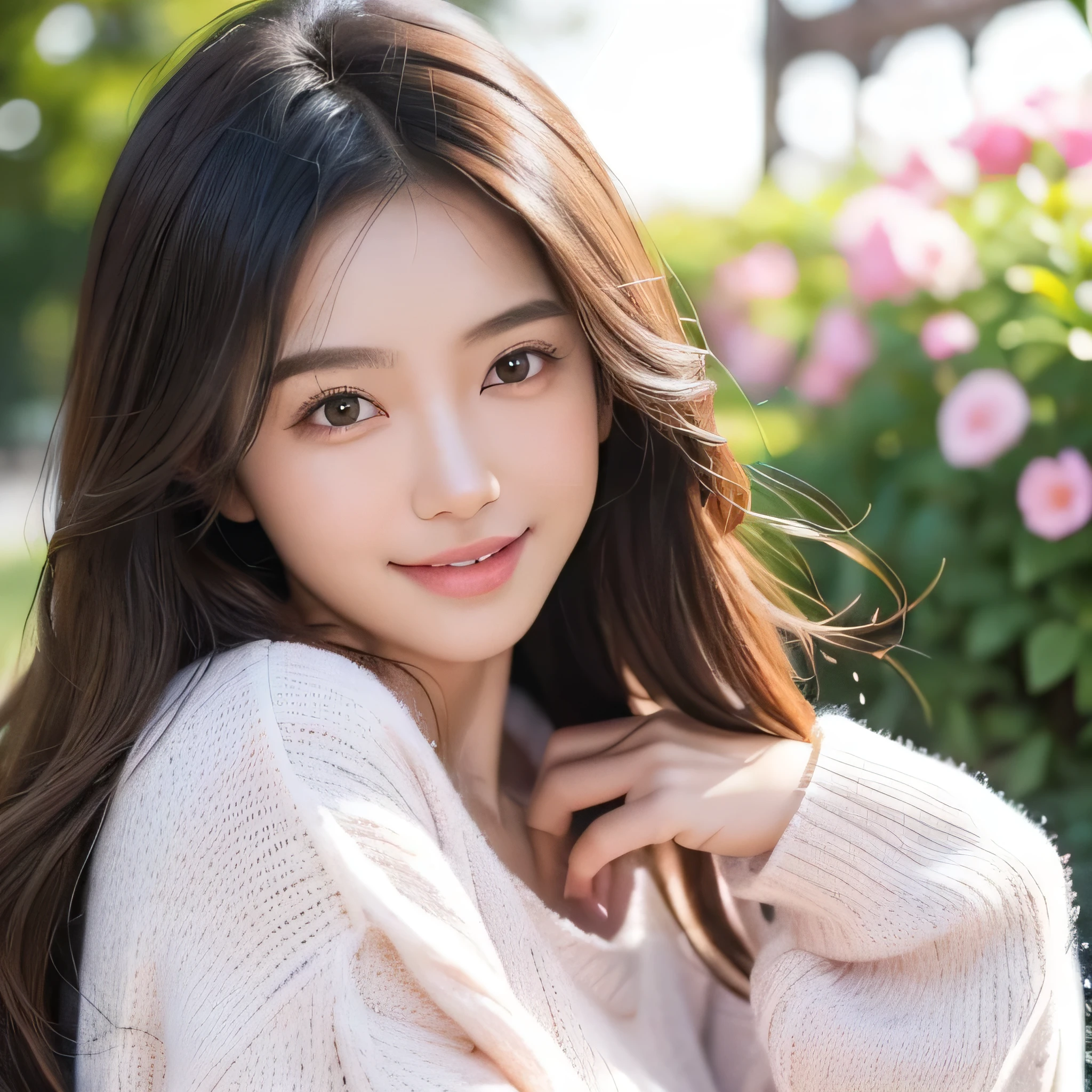 Asian girl, 1girl, sexy, cute, smile, white skin, long hair, brown hair, pink sweater, blue jeans, garden, flower, close up