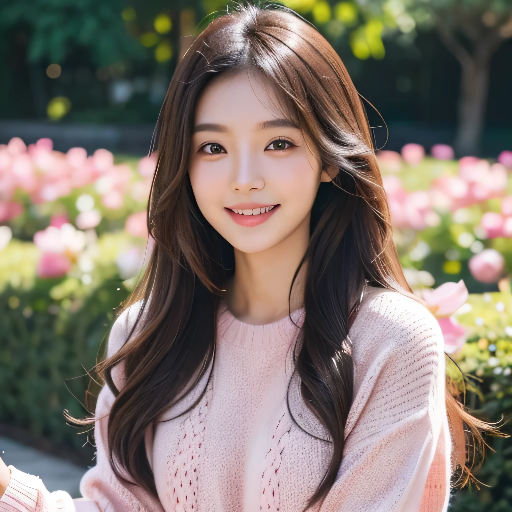 Asian girl, 1girl, sexy, cute, smile, white skin, long hair, brown hair, pink sweater, blue jeans, garden, flower, close up
