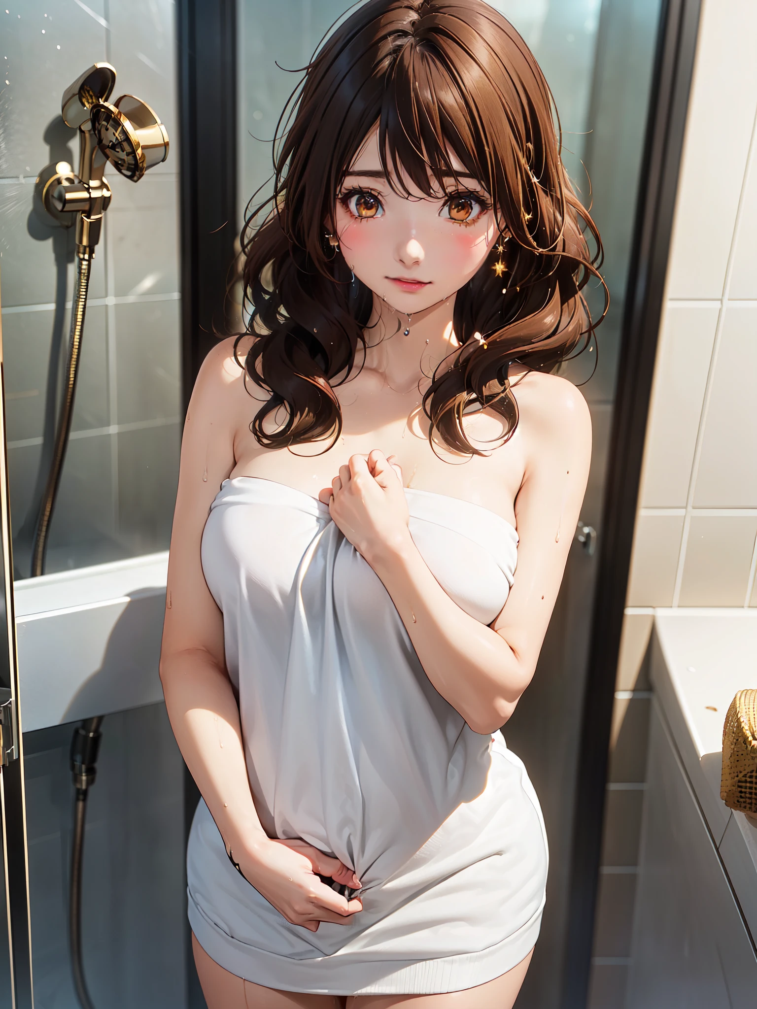 Stiff shoulder, Kumiko Oumae, (Brown eyes:1.5), Brown Hair, short hair, Wavy Hair, Wet body, Big Breasts, 
break ((naked:1.5)),
break ((Large shower room)), Shower room with a view outside, Large windows, Sense of liberation, I take a shower, shower head, Fresh greenery can be seen from the window, 
break looking at viewer, (Cowboy Shot:1.5),
break (masterpiece:1.2), highest quality, High resolution, unity 8k wallpaper, (figure:0.8), (Beautiful fine details:1.6), Highly detailed face, Perfect lighting, Highly detailed CG, (Perfect hands, Perfect Anatomy),