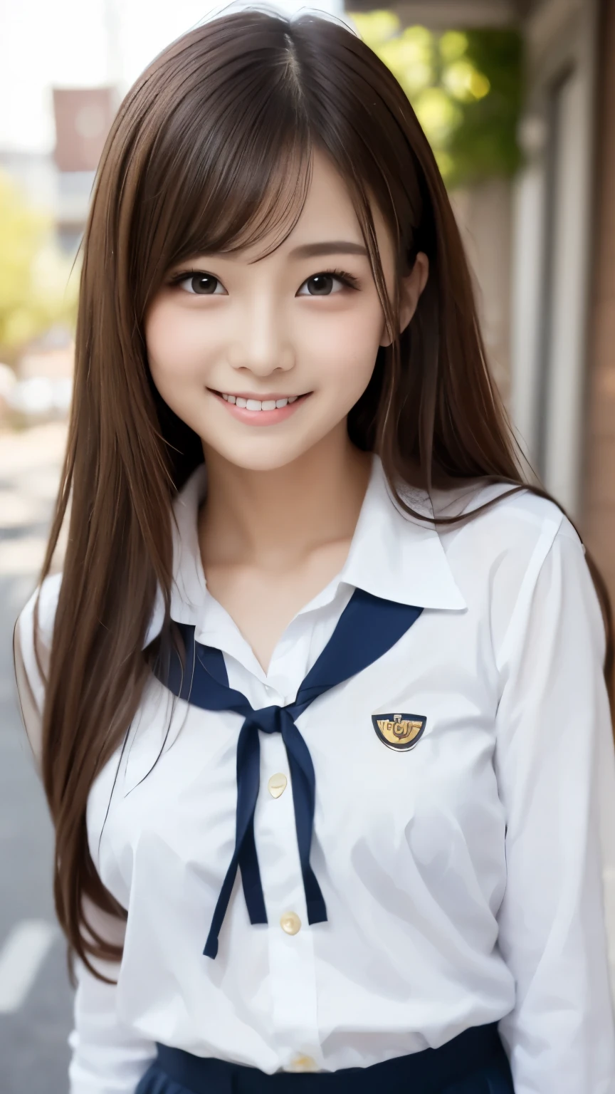 bright表情、Photorealistic:1.32、highest quality、超A high resolution、最も美しい日本のgirlの写真、Cute and beautiful face details、Small Face、美しいbangs、14 years old、Radiant, fair, glowing skin、Hair gets tangled in the face、(girl１Only people:1.3)、顔まで伸びるbangs、bangs、Hair between the eyes、Attractive brown silky hair、bright、Her clear eyes shine charmingly、Cute pose、highest quality、Disorganized、((The cutest girl in the world))、Japanese、((School uniform summer clothes:1.3))、(High waist pleated skirt)、Newest Brands、(Half Side Up:1.3)、(Thin ribbon)、Nice and cute、An innocent smile、nice smile、Cleavage、(Large Breasts:1.3)、(Posing cutely:1.3)、Brown Hair、Small waist、Detailed beautiful eyes、View your viewers、Upper Body、Close-up of face、Front view、