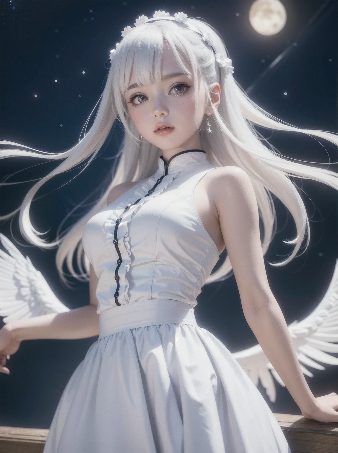The background is a city, perfect White hair girl, ta in a skirt, White hair, White hair god, Cute anime girl in beautiful clothes, White hair, best anime 4k konachan wallpapers, Little curvy lolivez on Pixiv ArtStation, White hair girl, Night Core, Standing on a tree, Looking at the stars, The face is rich in detail