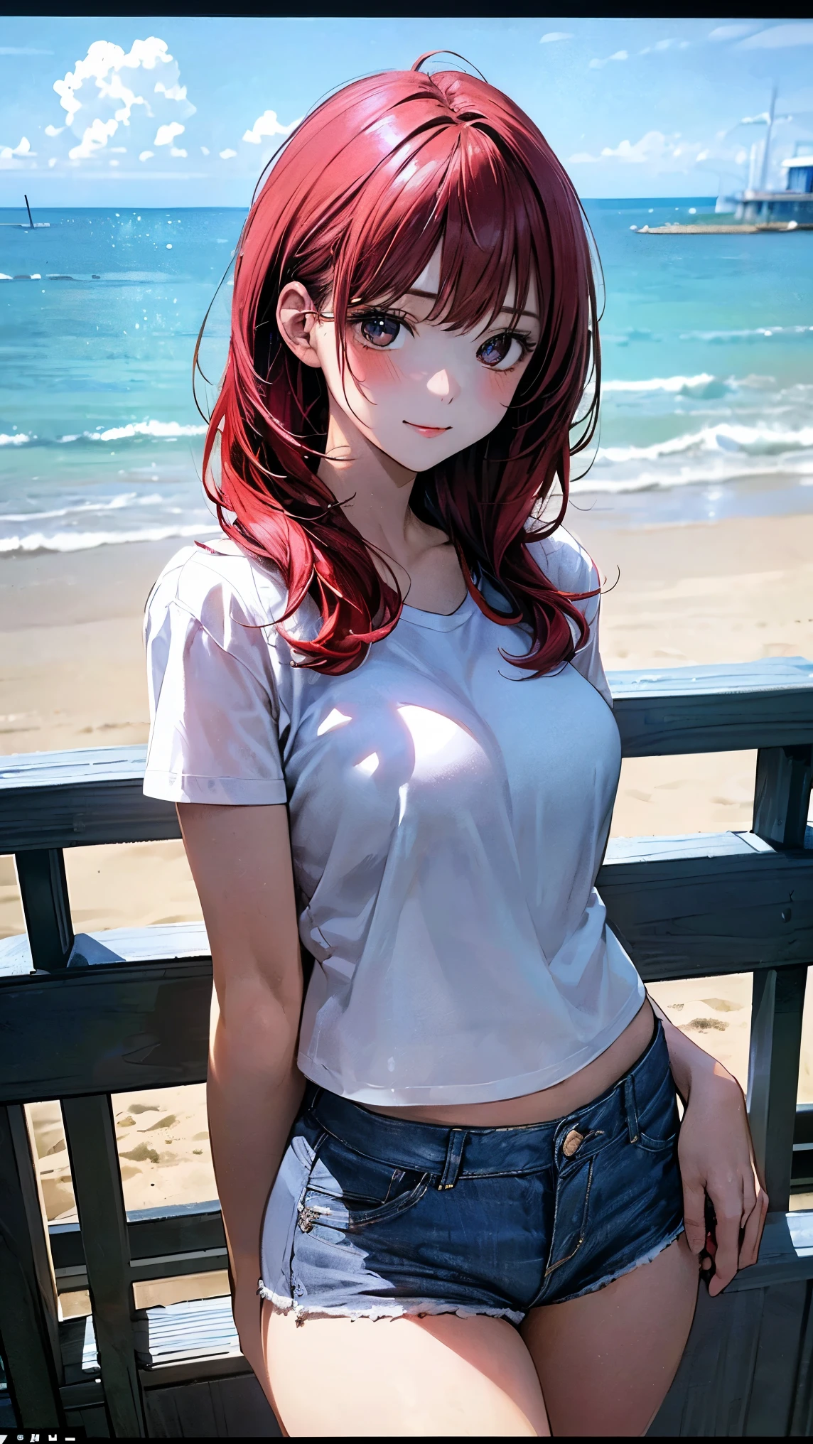 (highres,masterpiece:1.2),detailed,1_girl waifu,,wearing offtheshoulder shirt,mini shorts,portraits,anime style,vibrant colors,pastel color palette,warm lighting,blurred background,greenery in the background,breezy atmosphere,relaxed expression,bright eyes,happy smile,flowing hair,soft sunlight filtering through the leaves, hands on hips, leaning forward