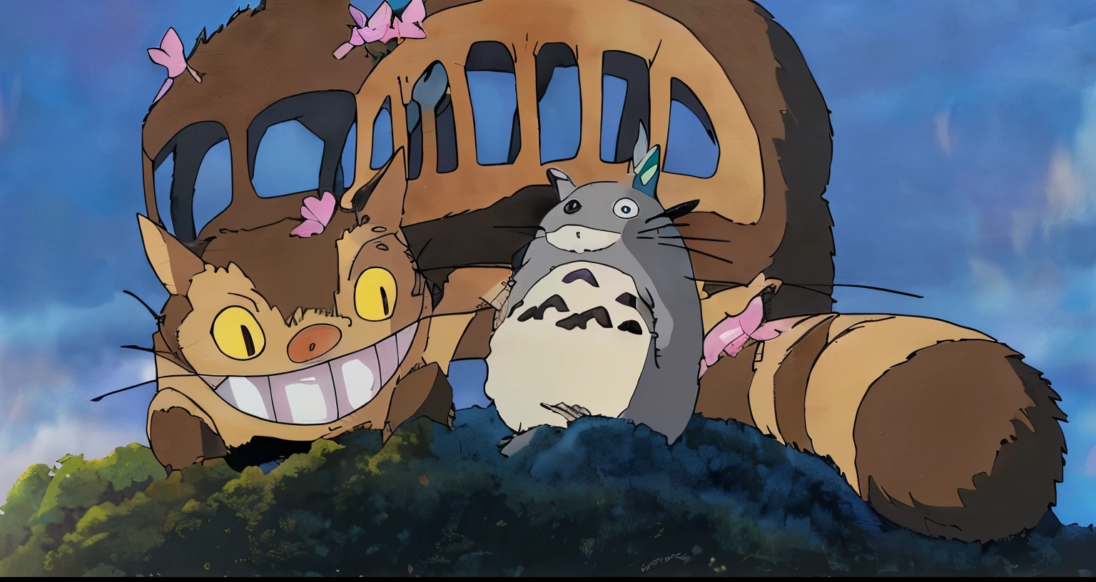 Cartoon characters sitting on a hill with a bus in the background, my neighbor Totoro, Miyazaki anime films, Totoro, Totoro sitting in a forest, Ghibli anime movies, of Totoro, Studio Ghibli stills, Studio Ghibli Animeーション, Studio Ghibli Anime, “totoro, Miyazaki Movies, Totoro from my neighbor Totoro