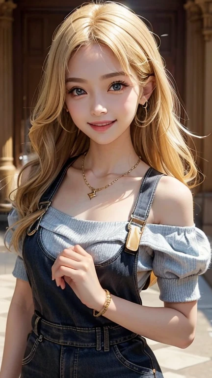 Blonde,light brown skin,Positive,cute,Gal,Flashy clothing,Smiling expression,Fancy Necklace,bracelet,Black Eye,Overall image,