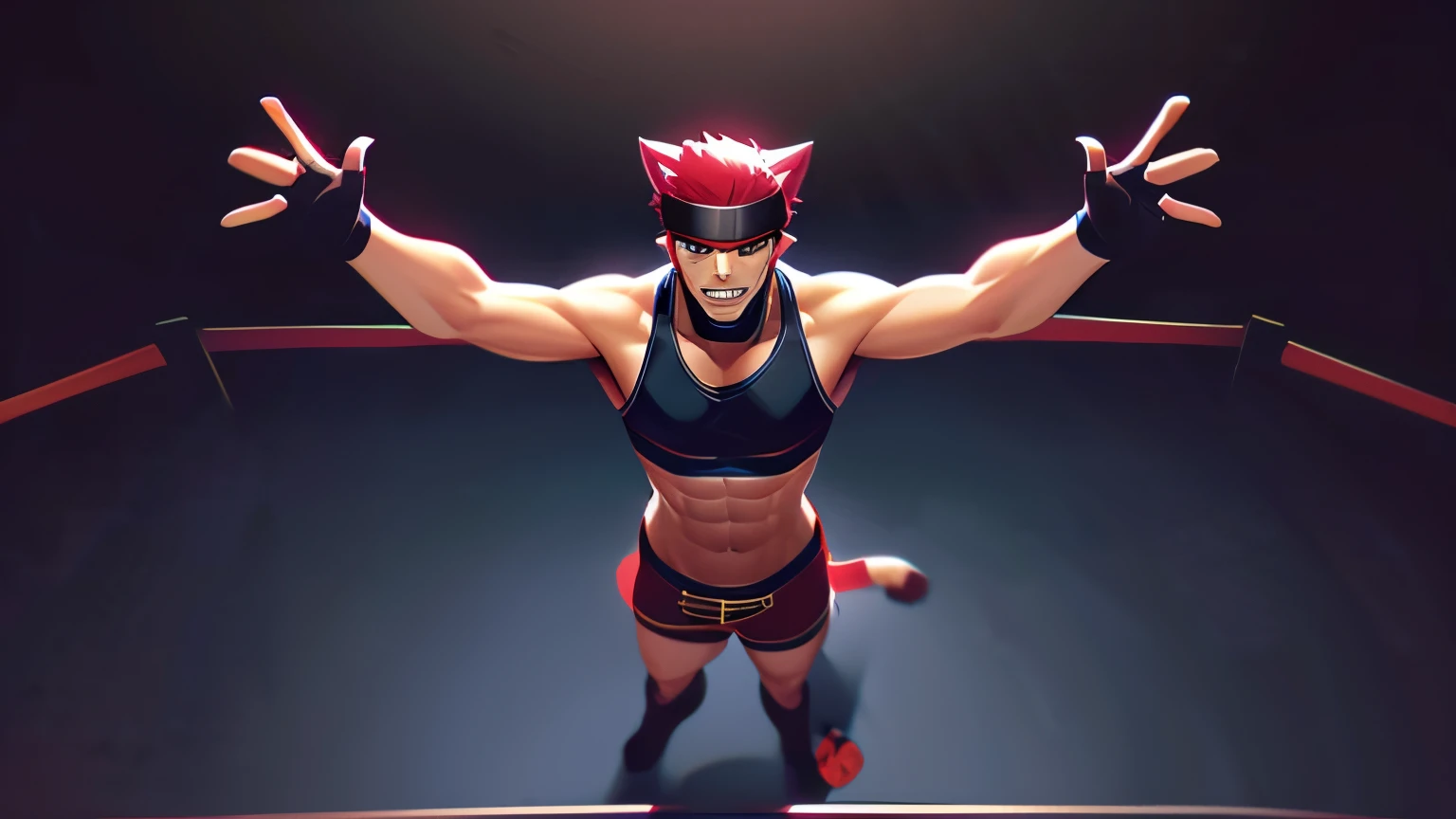 front view, must see abs , open vestedsplash art league of legends style male sett heartsteel, muscular man leather vest with cur collar, red short hair with beanie and cat ears, street wear figerless leather gloves, main colors are black and yellow, alot of straps, open arms in a boxing ring, looking up like just won a fight smiling, high angle, camera from above in a slight angle