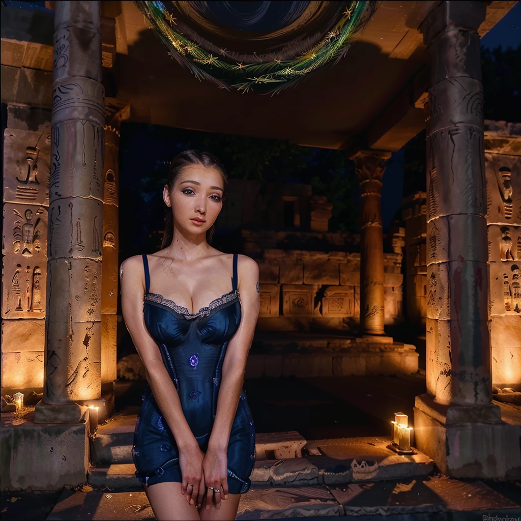 A beautiful woman in a sheer, flowing dress, seductive gaze and graceful movements, not shy, standing in front of an ancient Egyptian temple at night, beckoning the viewer to join her, highly detailed, 8K, photorealistic, dramatic lighting, vibrant colors, intricate architectural details, mystical atmosphere, (best quality, 8K, highly detailed, photorealistic, dramatic lighting, vibrant colors:1.2), (extremely detailed face and eyes, detailed facial features, long eyelashes:1.3), (beautiful woman, elegant dress, graceful pose:1.2), ancient Egyptian temple, night scene, mystical, dramatic