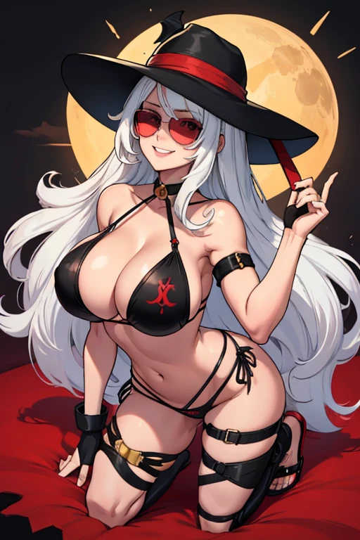 female, white long hair, red eyes, (((1girl))), (((black sling bikini))), (black sun hat), (black sandals), (sunglasses), cute and sexy, full body, huge breasts, huge butt, long legs, smiling
