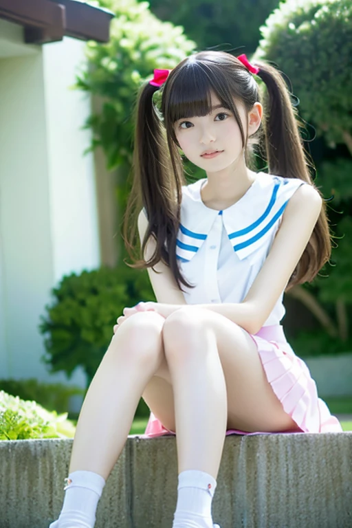 No background, highest quality, masterpiece, 1 girl, slender, long hair, small breasts, summer clothes, detailed face, detailed eyes, double eyelids, pleated skirt, white socks, smile, long legs, thin legs, sitting, twintails