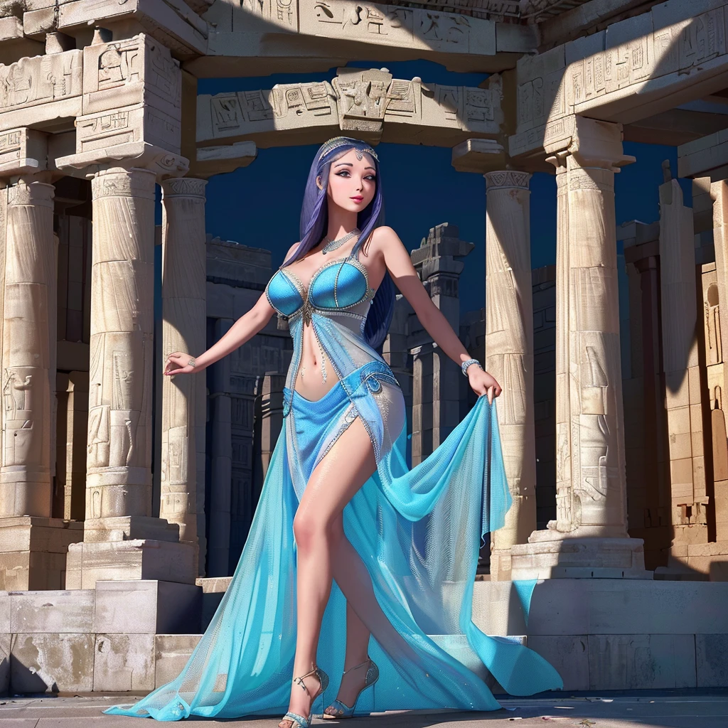 A beautiful woman in a sheer, flowing dress, seductive gaze and graceful movements, not shy, standing in front of an ancient Egyptian temple at night, beckoning the viewer to join her, highly detailed, 8K, photorealistic, dramatic lighting, vibrant colors, intricate architectural details, mystical atmosphere, (best quality, 8K, highly detailed, photorealistic, dramatic lighting, vibrant colors:1.2), (extremely detailed face and eyes, detailed facial features, long eyelashes:1.3), (beautiful woman, elegant dress, graceful pose:1.2), ancient Egyptian temple, night scene, mystical, dramatic
