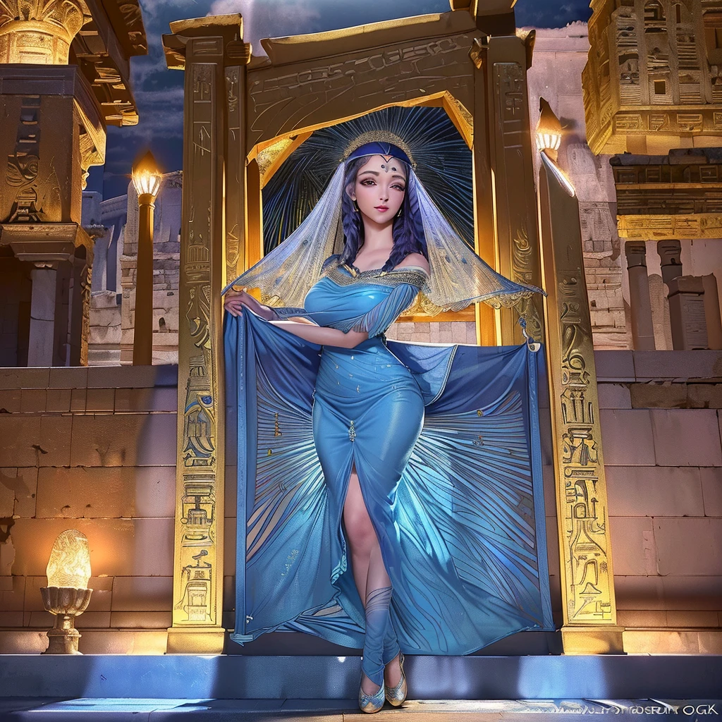 A beautiful woman in a sheer, flowing dress, seductive gaze and graceful movements, not shy, standing in front of an ancient Egyptian temple at night, beckoning the viewer to join her, highly detailed, 8K, photorealistic, dramatic lighting, vibrant colors, intricate architectural details, mystical atmosphere, (best quality, 8K, highly detailed, photorealistic, dramatic lighting, vibrant colors:1.2), (extremely detailed face and eyes, detailed facial features, long eyelashes:1.3), (beautiful woman, elegant dress, graceful pose:1.2), ancient Egyptian temple, night scene, mystical, dramatic
