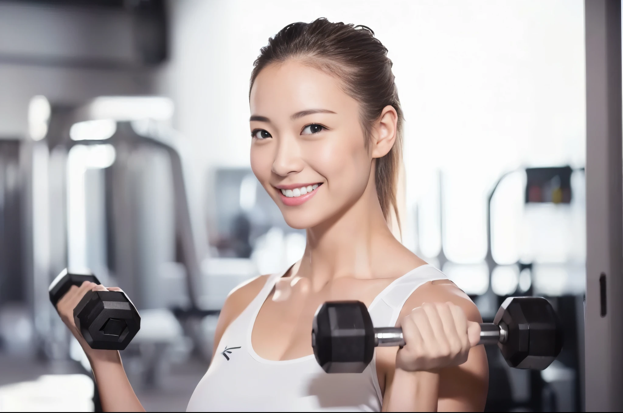 woman、smile、4K、Have dumbbells、Hair is black