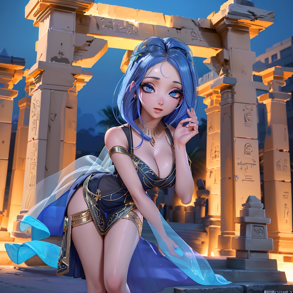 A beautiful woman in a sheer, flowing dress, seductive gaze and graceful movements, not shy, standing in front of an ancient Egyptian temple at night, beckoning the viewer to join her, highly detailed, 8K, photorealistic, dramatic lighting, vibrant colors, intricate architectural details, mystical atmosphere, (best quality, 8K, highly detailed, photorealistic, dramatic lighting, vibrant colors:1.2), (extremely detailed face and eyes, detailed facial features, long eyelashes:1.3), (beautiful woman, elegant dress, graceful pose:1.2), ancient Egyptian temple, night scene, mystical, dramatic