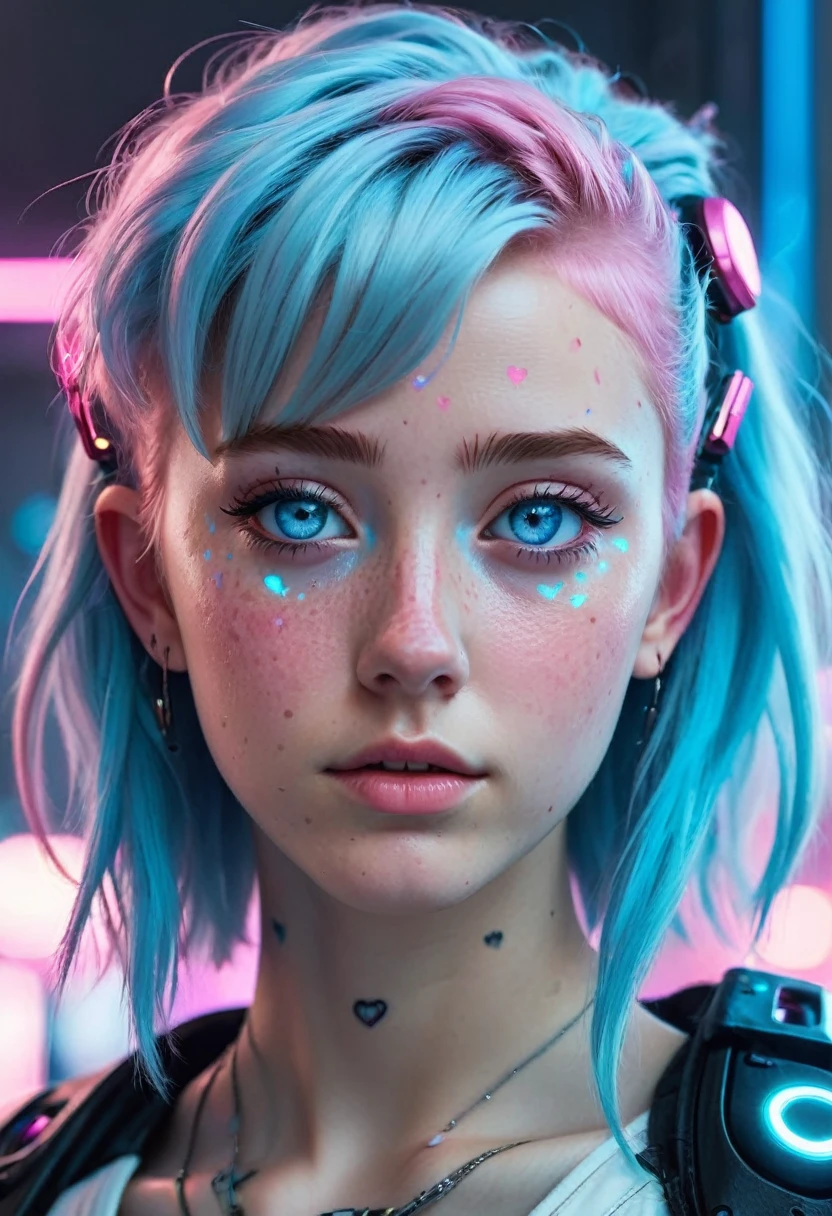 Una joven mujer cyberpunk con cabello rosado, light blue eyes and heart-shaped freckles on the cheeks look into the distance.