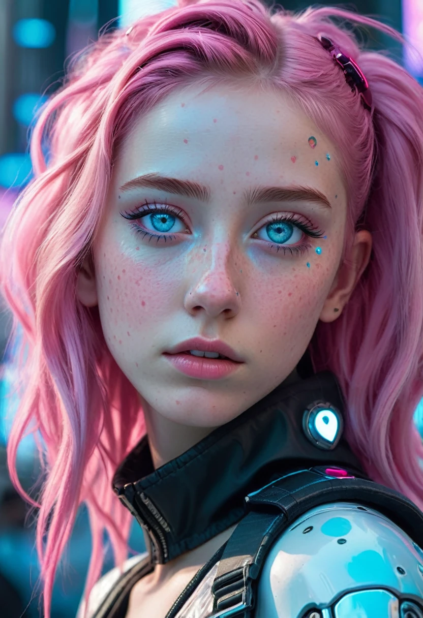 Una joven mujer cyberpunk con cabello rosado, light blue eyes and heart-shaped freckles on the cheeks look into the distance.