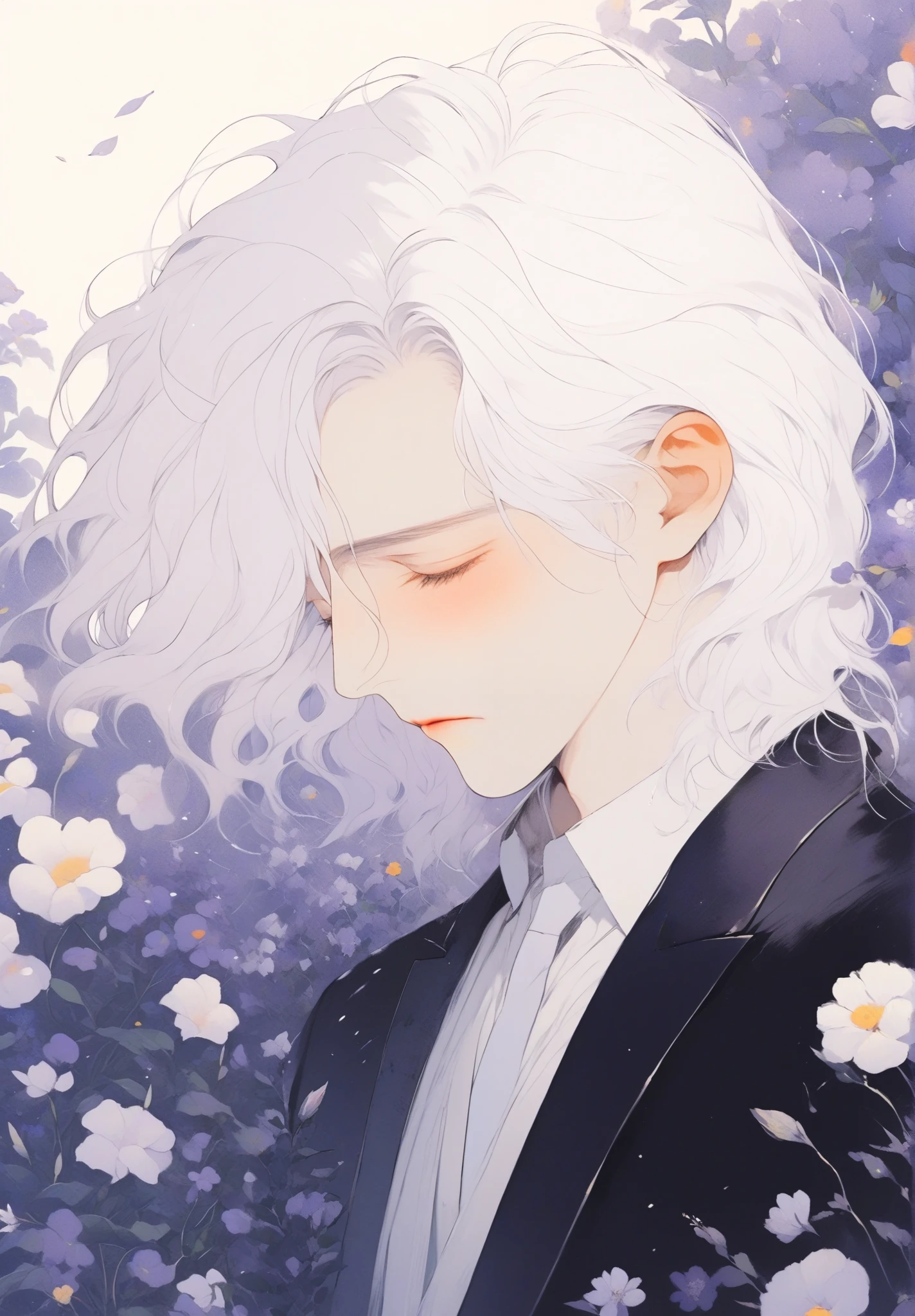 Boy, White hair, shoulder-length hair, closed eyes, sad look, Expensive suit, background field of flowers, Art Style, drawing, painting.
