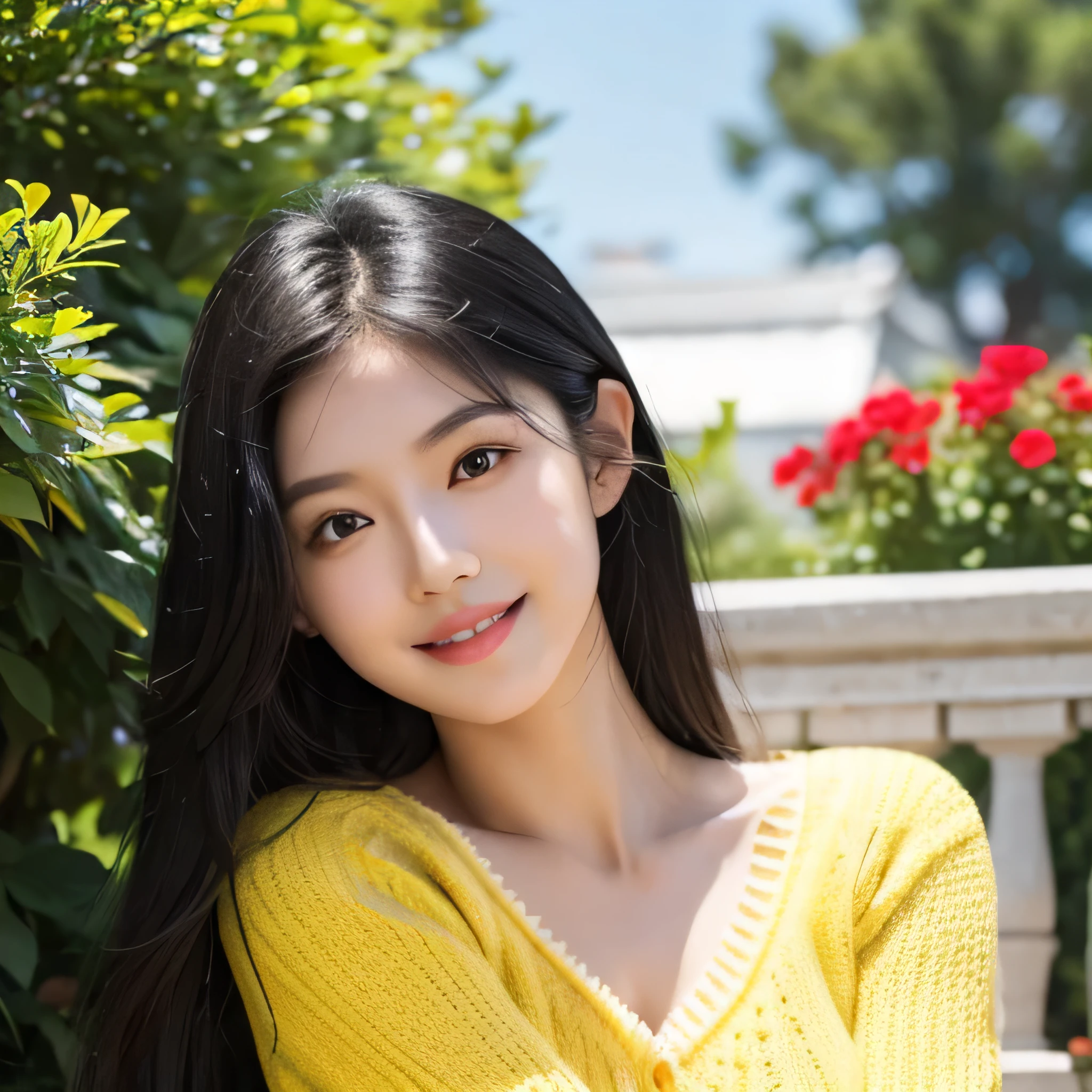 Asian girl, 1girl, sexy, cute, smile, white skin, long hair, black hair, yellow sweater, blue jeans, garden, sunlower, close up