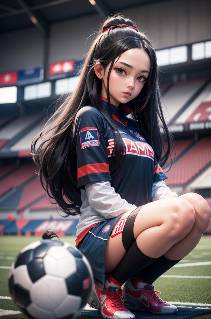1 girl with black long hair, Kamado Nezuko in a football stadium with the Paris Saint Germain shirt