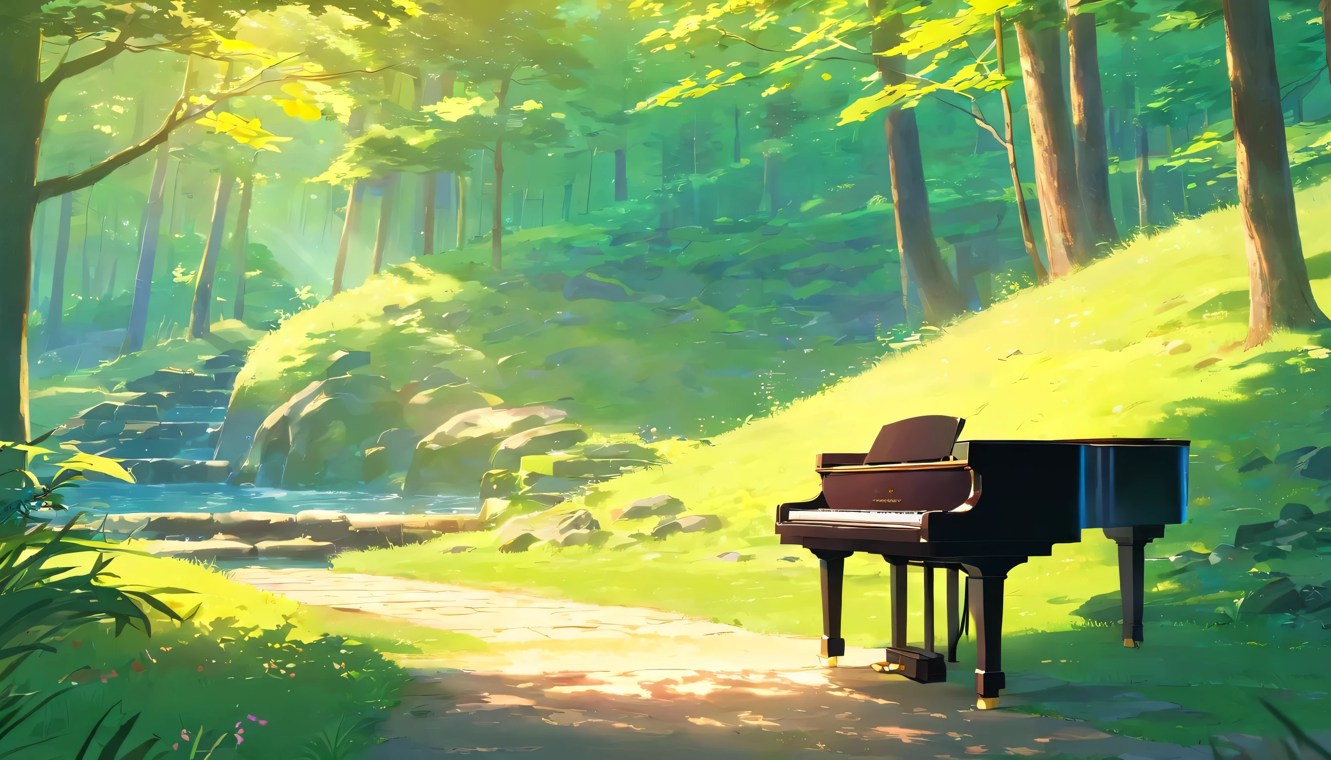 A piano in the middle of the forest by the river、A grand piano placed on a well-maintained grass path、wood々The sun shines in from between、A stream flows、Japanese Gardenossy rock、Japanese garden