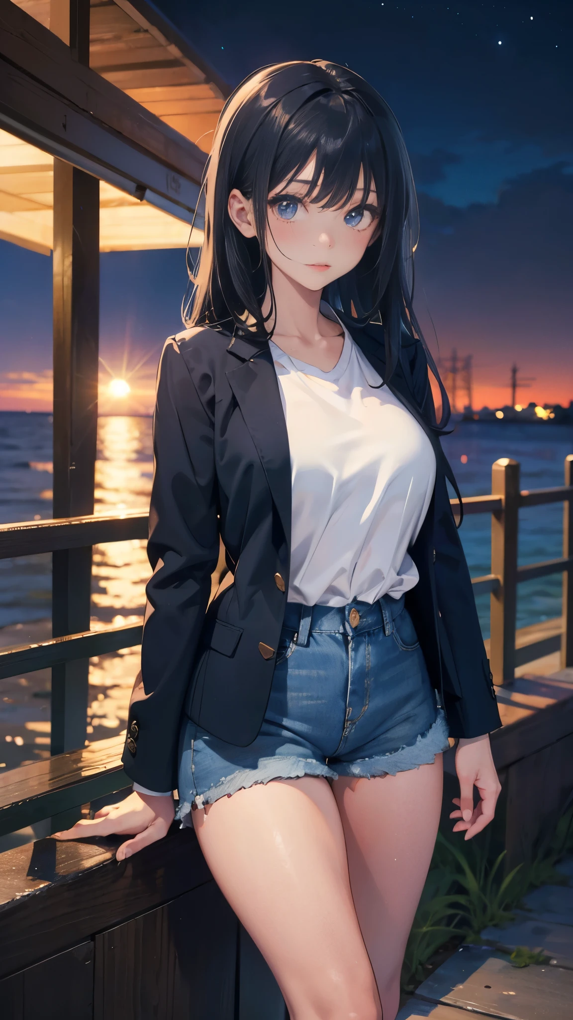 illustration:Ultra-delicate,one,25 years old,Black Blazer,Wear a thin white shirt,Sexy thighs,Denim shorts,Black hair,Long hair,Look at the camera,Big breasts,On the seaside,night