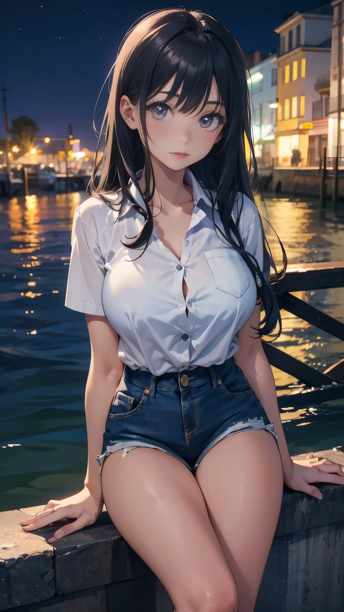 illustration:Ultra-delicate,one,25 years old,Black Blazer,Wear a thin white shirt,Sexy thighs,Denim shorts,Black hair,Long hair,Look at the camera,Big breasts,On the seaside,night
