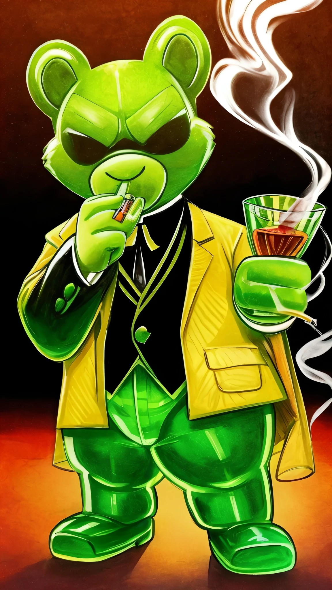 Draw me a picture of a green gummy bear with transparent jelly like appearance smoking a big fat joint and dress gangster Style