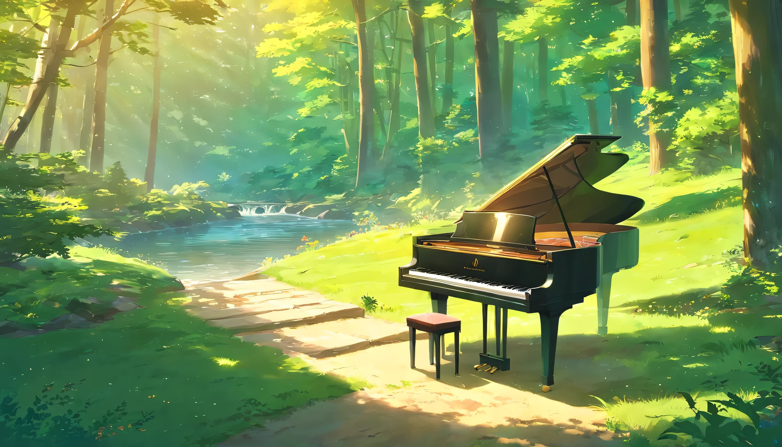 A piano in the middle of the forest by the river、A grand piano placed on a well-maintained grass path、wood々The sun shines in from between、A stream flows、Japanese Gardenossy rock、Japanese garden