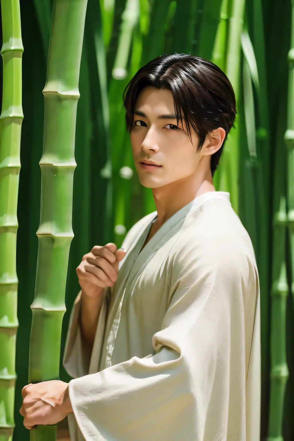 high resolution　male　Saito Hajime from Hakuouki　Holding a sword　Bamboo background　Beautiful boy