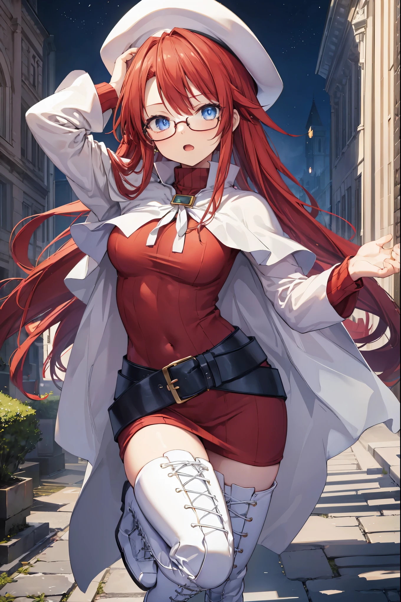 summonnightaty, aty, (young:1.3),long hair, blue eyes, red hair, large_beret, hat, glasses,
BREAK long hair, thighhighs, hat, dress, boots, glasses, belt, cape, sweater, zettai ryouiki, beret, thigh boots, white footwear, ribbed sweater, loose belt,solo,
BREAK outdoors, fantasy,on_cobblestone
,,Highquality_hads,perfect_fingers,
BREAK (masterpiece:1.2), best quality, high resolution, unity 8k wallpaper, (illustration:0.8), (beautiful detailed eyes:1.6), extremely detailed face, perfect lighting, extremely detailed CG, (perfect hands, perfect anatomy),covered_nipples,covered_navel ,half_eyes:,long_sword,armpit,sleepy,dynamic_fighting_pose,barrel,red_sweater,apart_legs,magical_effect,spread_legs, have_a_book,teacher,rise_knee,angry,open_mouth,rise_hand,shout,