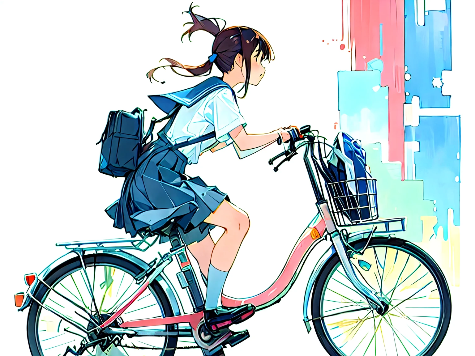 (masterpiece, highest quality:1.2), Reality、(One girl riding a bicycle), alone、high school girl、uniform、(no bags)、(whole)、(From diagonally ahead)、(Blank background)、(White background)、Watercolor style