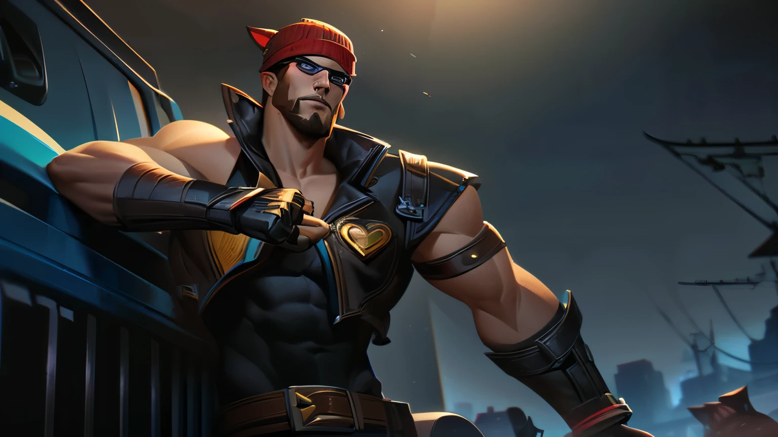 must see abs , open vestedsplash art league of legends style male sett heartsteel, muscular man leather vest with cur collar, red short hair with beanie and cat ears, street wear figerless leather gloves, main colors are black and yellow, alot of straps, holding on to the side of a jeep