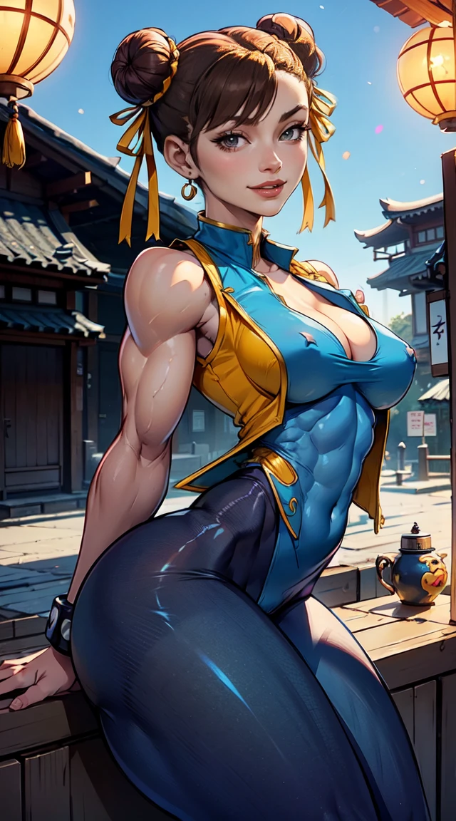 (Muscular:1.6), (thick thighs:1.7),
(asian female, brown hair), beauty mark,
(earrings, eyeshadow, lipstick),
detailed eyes, (big smile:1.3), detailed skin,
(small breasts:2),
(sfa chun, unitard, blue leggings, double buns, yellow ribbons), (closed blue vest:1.5),
(upper body view:1.3), (looking at viewer), (three quarter view:1.2),
japanese village, rim lighting, two tone lighting, dimly lit, bokeh