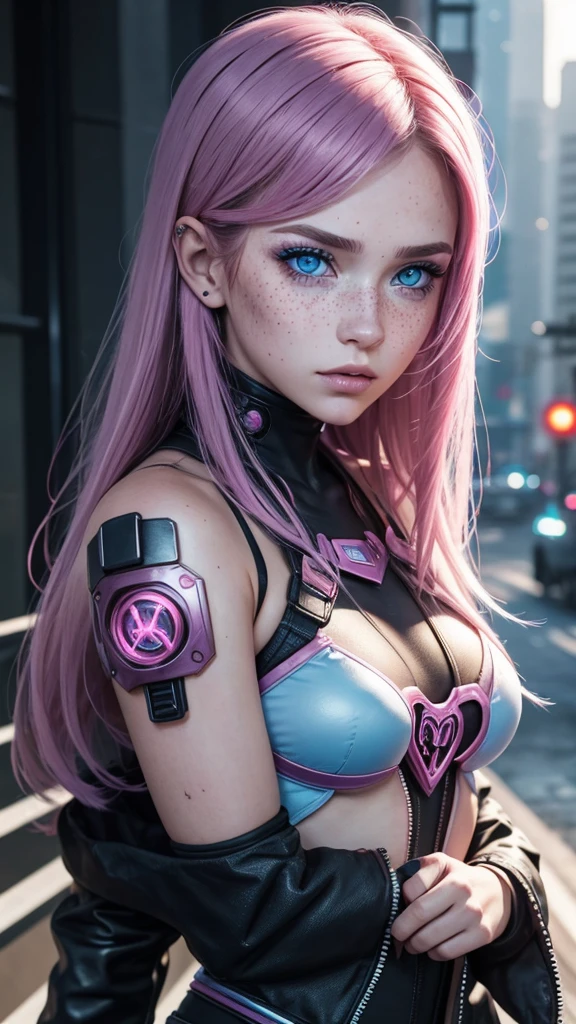 Una joven mujer cyberpunk con cabello rosado, light blue eyes and heart-shaped freckles on the cheeks look into the distance.