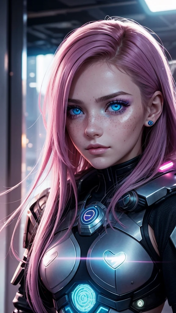 Una joven mujer cyberpunk con cabello rosado, light blue eyes and heart-shaped freckles on the cheeks look into the distance.