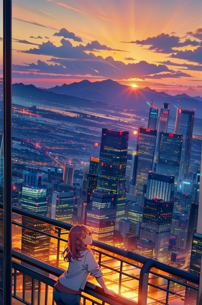 sunset view of a city from a balcony with a balcony railing, sunset view, 8 k. filling of the view, during sunset, the most beautiful sunset, real sunset, sunset time, city sunset, with sunset, beautiful sunrise lighting, timelapse, vista of a city at sunset, during sunrise, during dawn, amazing view, during a sunset, manila