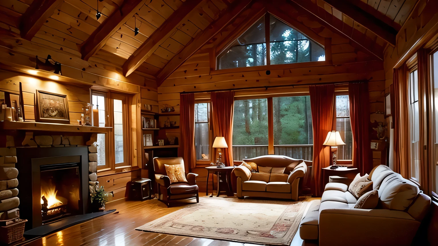 Large window with candles and a fireplace, Cozy place, Cozy and calm, Cozy environment, Cozy and serene atmosphere, Cozy atmosphere, A pleasant and enchanting scene, Relaxing environment, Warm and beautiful scenery, Cozy atmosphere, in a cabin, Cozy living room background, Cozy home background, Relaxing concept art, Cozy atmosphere, relaxed mood, Cozy living room, Cozy atmosphere