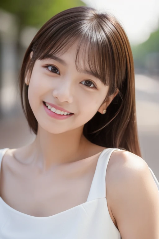 ((highest quality、8K、masterpiece:1.3))、sharp:1.2、perfect body beauty:1.4、slim body:1.2、beautiful face、Medium chest、cute smile、20th generation women、(Cute white dress:1.5)、(Shopping:1.2)、medium long hair、cute chestnut hair、Highly detailed face and skin texture、detailed eye、Looking at the camera、