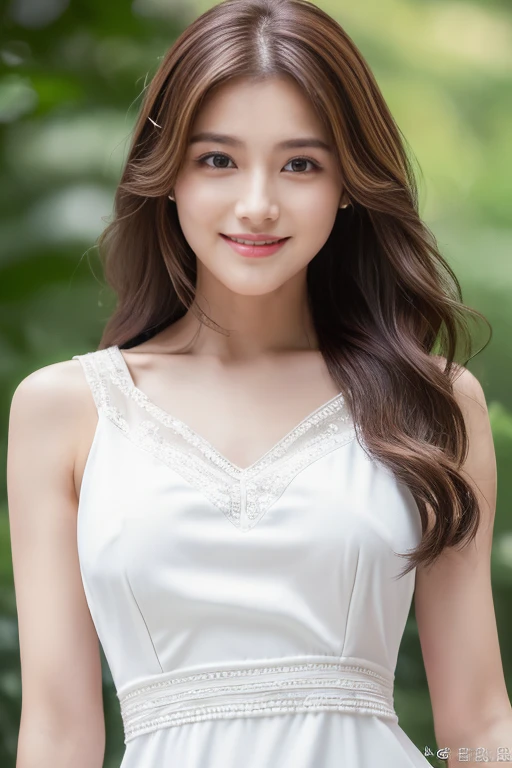 ((highest quality、8K、masterpiece:1.3))、sharp:1.2、perfect body beauty:1.4、slim body:1.2、beautiful face、Medium chest、cute smile、20th generation women、(Cute white dress:1.5)、(Shopping:1.2)、medium long hair、cute chestnut hair、Highly detailed face and skin texture、detailed eye、Looking at the camera、