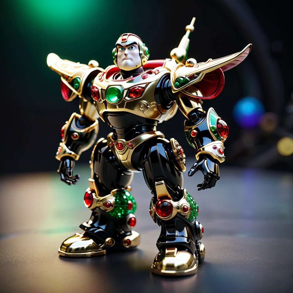 Netsuke Buzz Lightyear collectible, meticulously crafted by master jewelry artisans for auction, platinum and scarlet gold materials, embellished with emerald, Murano glass, and diamonds, neon ambiance, abstract black oil accents, gear mecha motifs, with a grunge aesthetic and intricate complexity, rendered in Unreal Engine, photorealistic, detailed acrylic. High Resolution, High Quality, Masterpiece