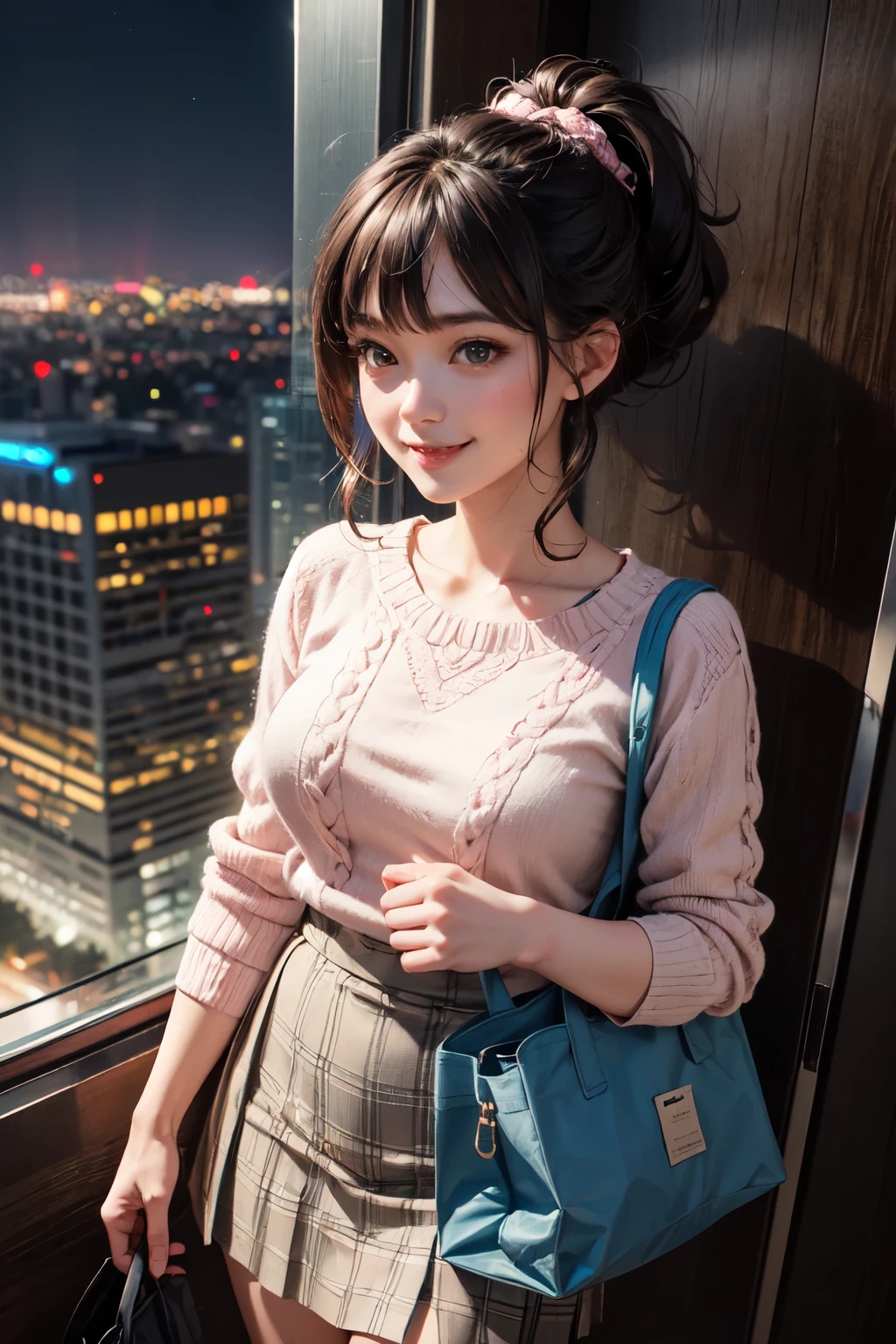 very cute and beautiful girl,(highly detailed beautiful face),
(smile:1.2),happy,embarrassed,looking up,looking at viewer,(argyle pattern sweater),cowboy shot,(white and pink plaid skirt),
standing in luxury elevator in hotel,night city view,holding tote bag,black hair,low ponytail,
(best quality,masterpiece),absurdres,highres,ultra-detailed,extremely detailed,32k,8k resolution,
intricate details,cinematic scene,detailed background,solo,dynamic angle,