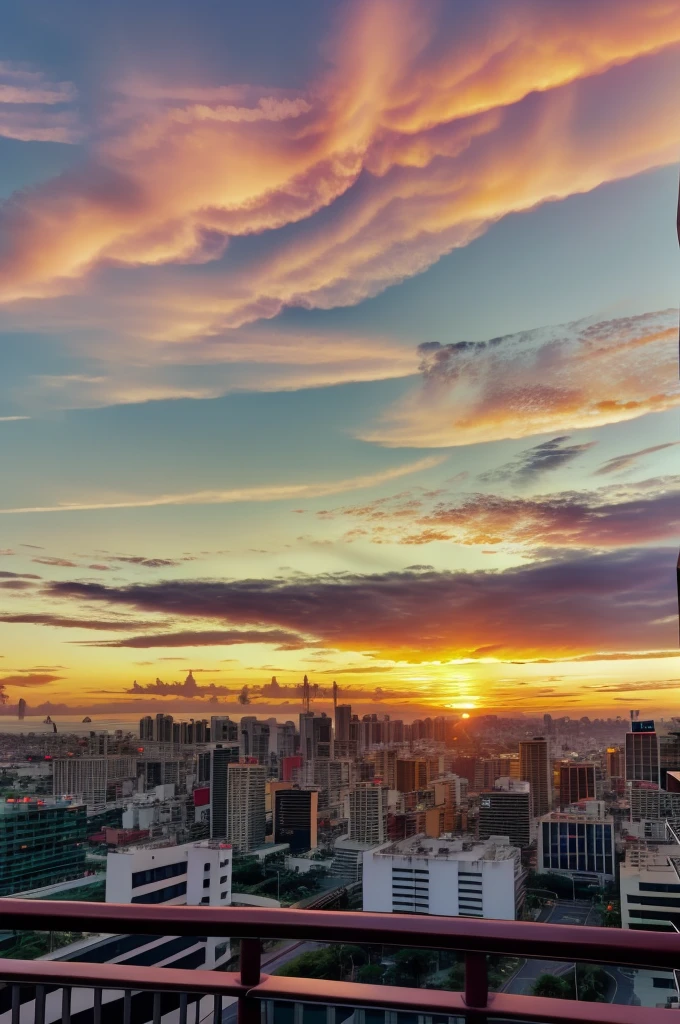 sunset view of a city from a balcony with a balcony railing, sunset view, 8 k. filling of the view, during sunset, the most beautiful sunset, real sunset, sunset time, city sunset, with sunset, beautiful sunrise lighting, timelapse, vista of a city at sunset, during sunrise, during dawn, amazing view, during a sunset, manila